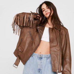 NWT Nasty Gal Genuine Leather Belted Fringe Jacket! This is a true bargain!